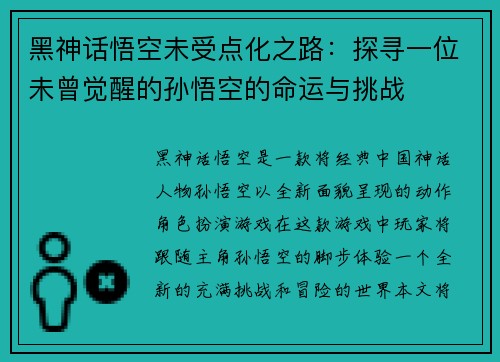 黑神话悟空未受点化之路：探寻一位未曾觉醒的孙悟空的命运与挑战
